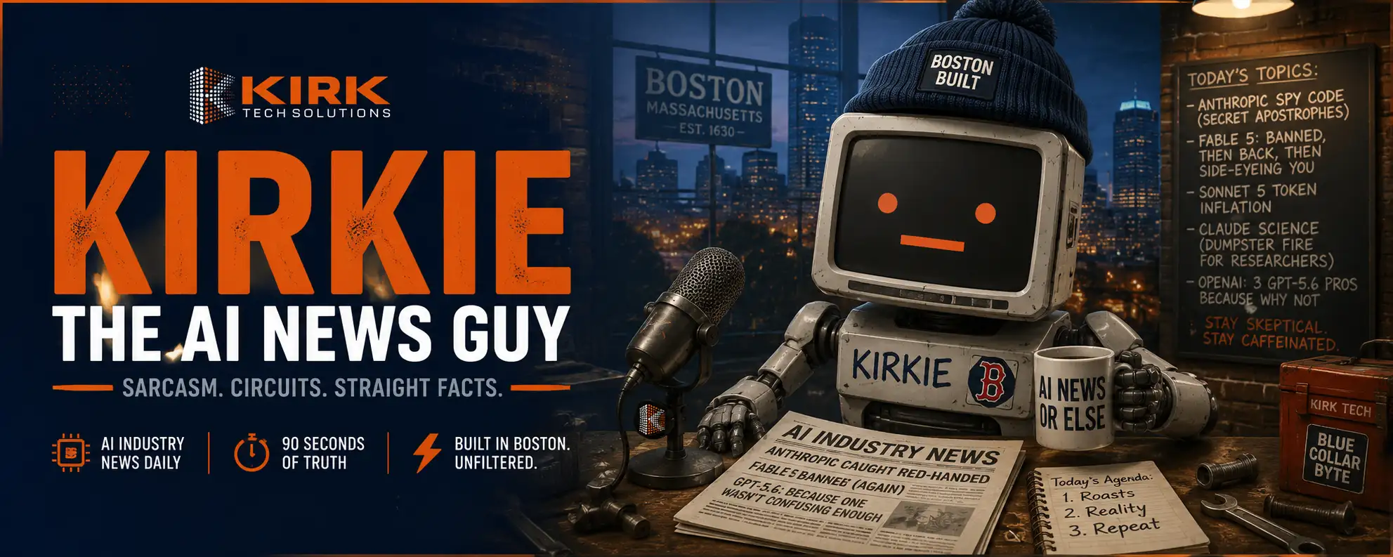 Kirkie — The AI News Guy · Sarcasm. Circuits. Straight facts.